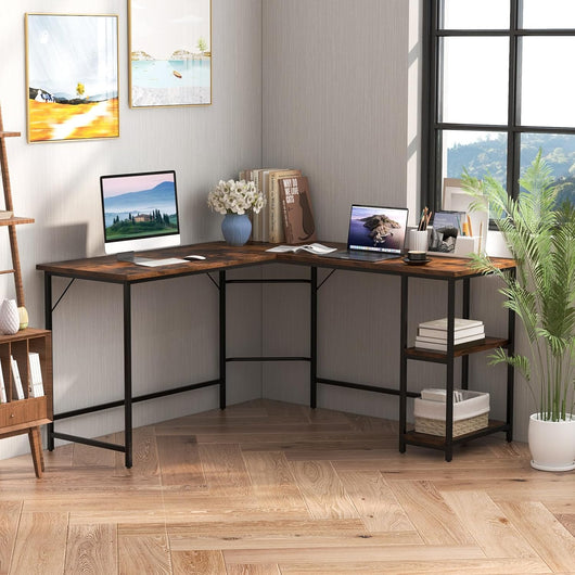 Scrivania Angolare, a Forma di L, Postazione da Lavoro, 3 Ripiani, Industriale, per Casa/Ufficio/Studio, Portata di 140 kg, 138x138x75 cm, Naturale/Marrone/Nero