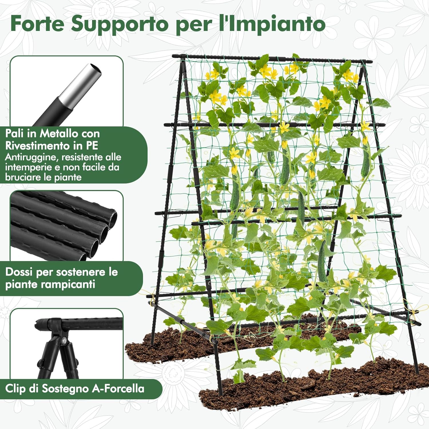 Traliccio da Giardino per Piante Rampicanti, Grigliato da Giardino con Rete, Pali in Metallo Rivestiti, Fili Intrecciati e Clip, Supporto per Viti Rampicanti, Verdure e Uva