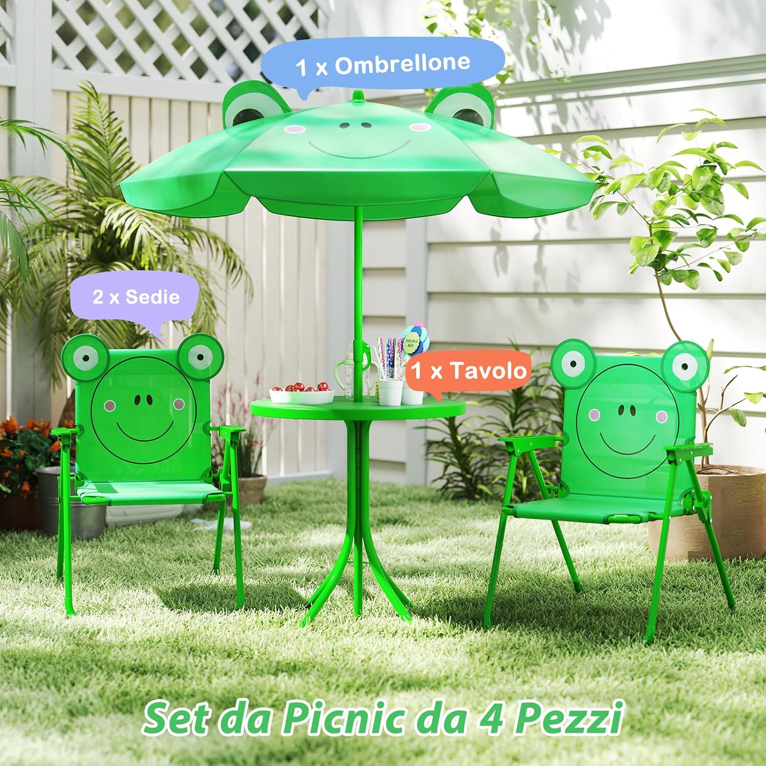 Set Tavolo da Giardino Bambini con 2 Sedie Pieghevoli, Tavolino da Esterno con Ombrellone in Poliestere Regolabile in Altezza, Set Mobili da Giardino per Bambini 3-6 Anni (Rana, Verde)