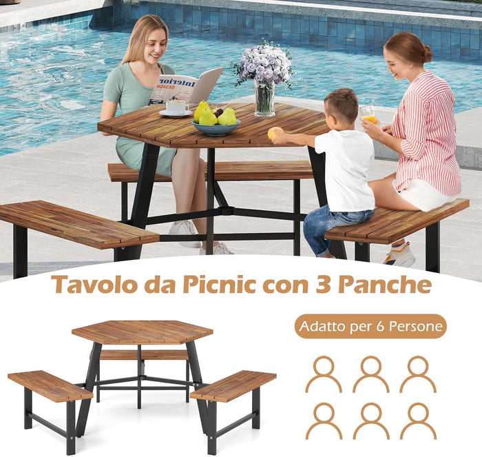 Set Tavolo con 3 Panche in Legno di Acaccia, con Foro per Ombrellone, Tavolo da Campeggio con Telaio in Metallo, Set Mobile da Picnic per Cortile Patio