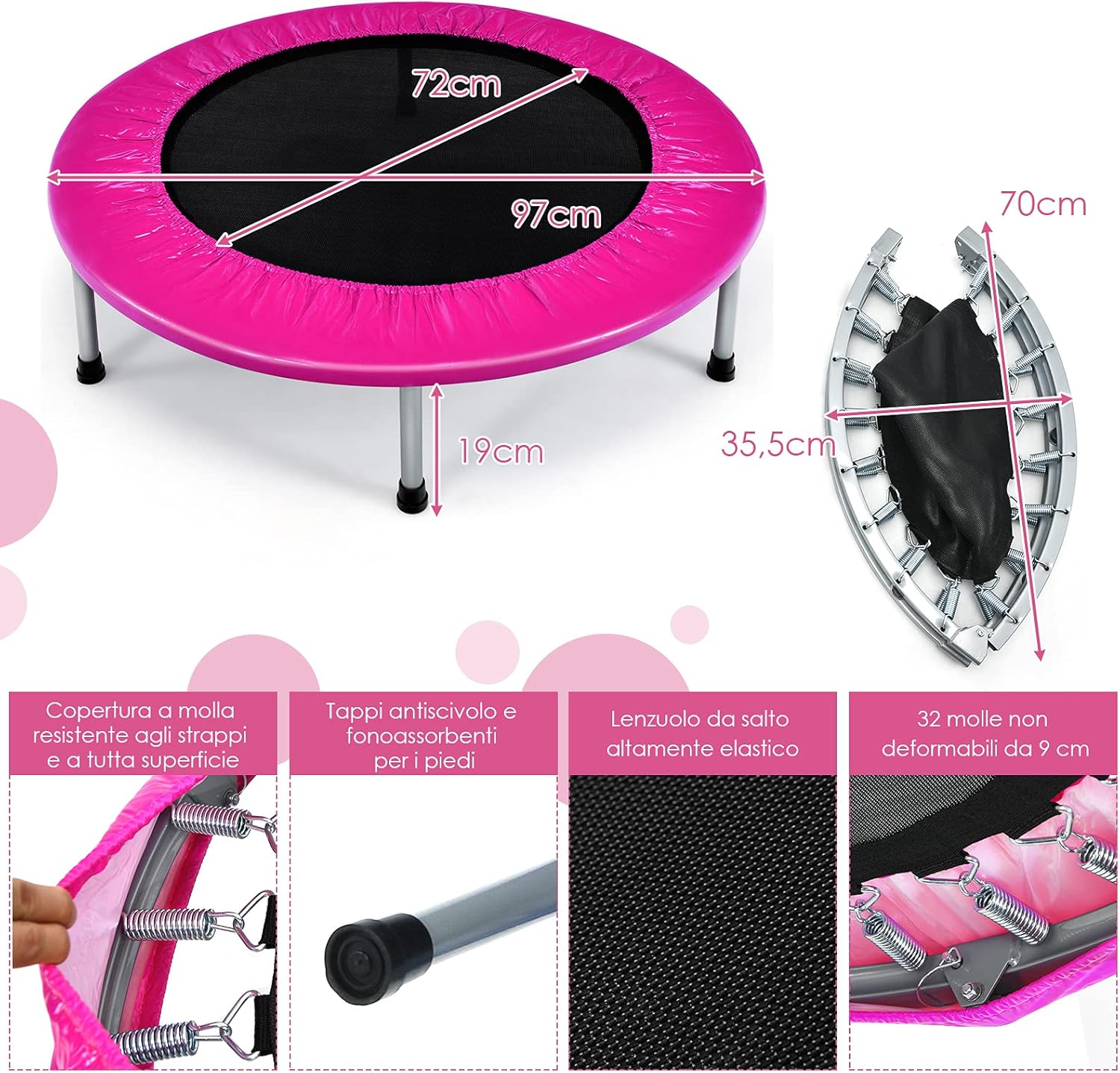 Mini Trampolino Elastico e Pieghevole, Capacità di Carico 150 kg, per Interno ed Esterno