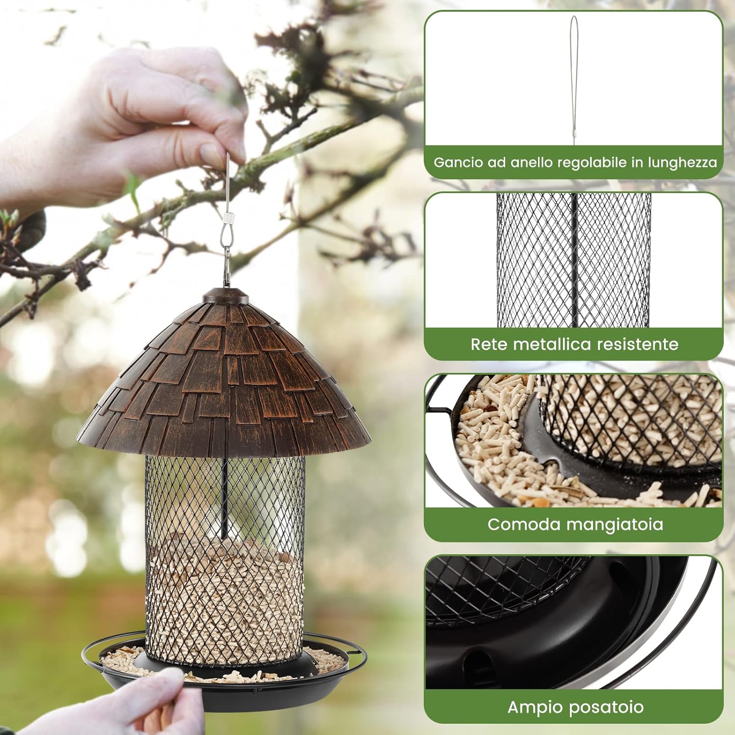 Mangiatoia per Uccelli da Esterno, Mangiatoia Appendibile in Metallo Anti-Scoiattolo con Posatoio, Fori di Drenaggio e Gancio, Mangiatoia per Uccelli Selvatici da Balcone e Giardino