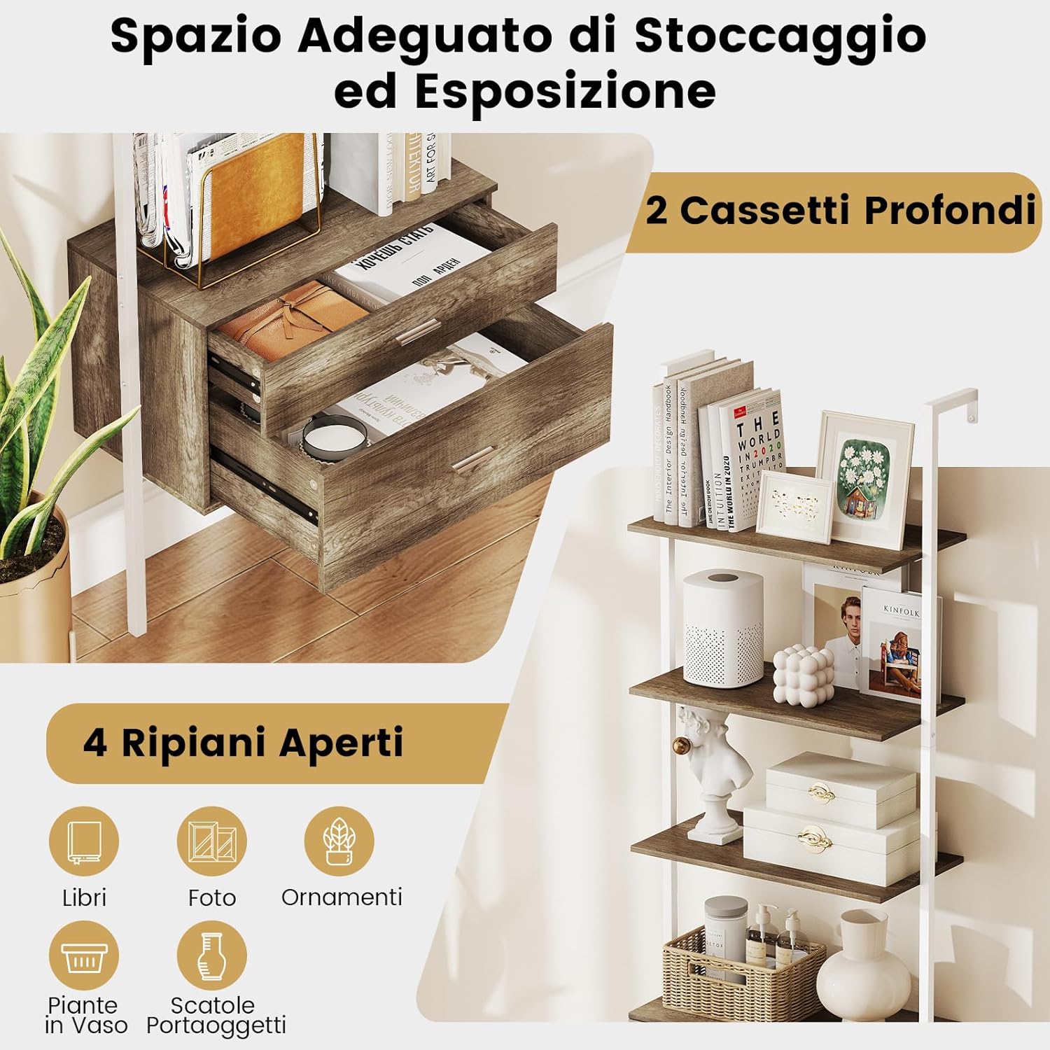 Libreria a Scala 184 cm, Scaffale da Parete a 6 Ripiani con 2 Cassetti e Struttura in Metallo, Ripiano Espositivo Aperto Moderno per Soggiorno Studio Ufficio, 60 x 30 x 184 cm (Naturale)