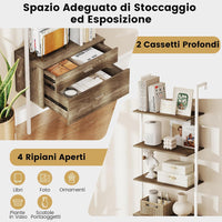 Libreria a Scala 184 cm, Scaffale da Parete a 6 Ripiani con 2 Cassetti e Struttura in Metallo, Ripiano Espositivo Aperto Moderno per Soggiorno Studio Ufficio, 60 x 30 x 184 cm (Naturale)