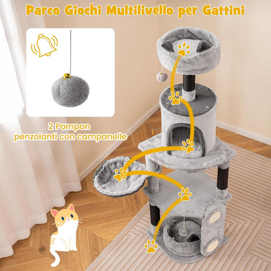 Tiragraffi per Gatti Alto 144 cm, Albero Tiragraffi Gatto con 3 Pali in Sisal, Amaca, 2 Pompom e Grotta, Cuccia Albero Gatto Imbottito in Peluche con Tavola in Sisal, Grigio