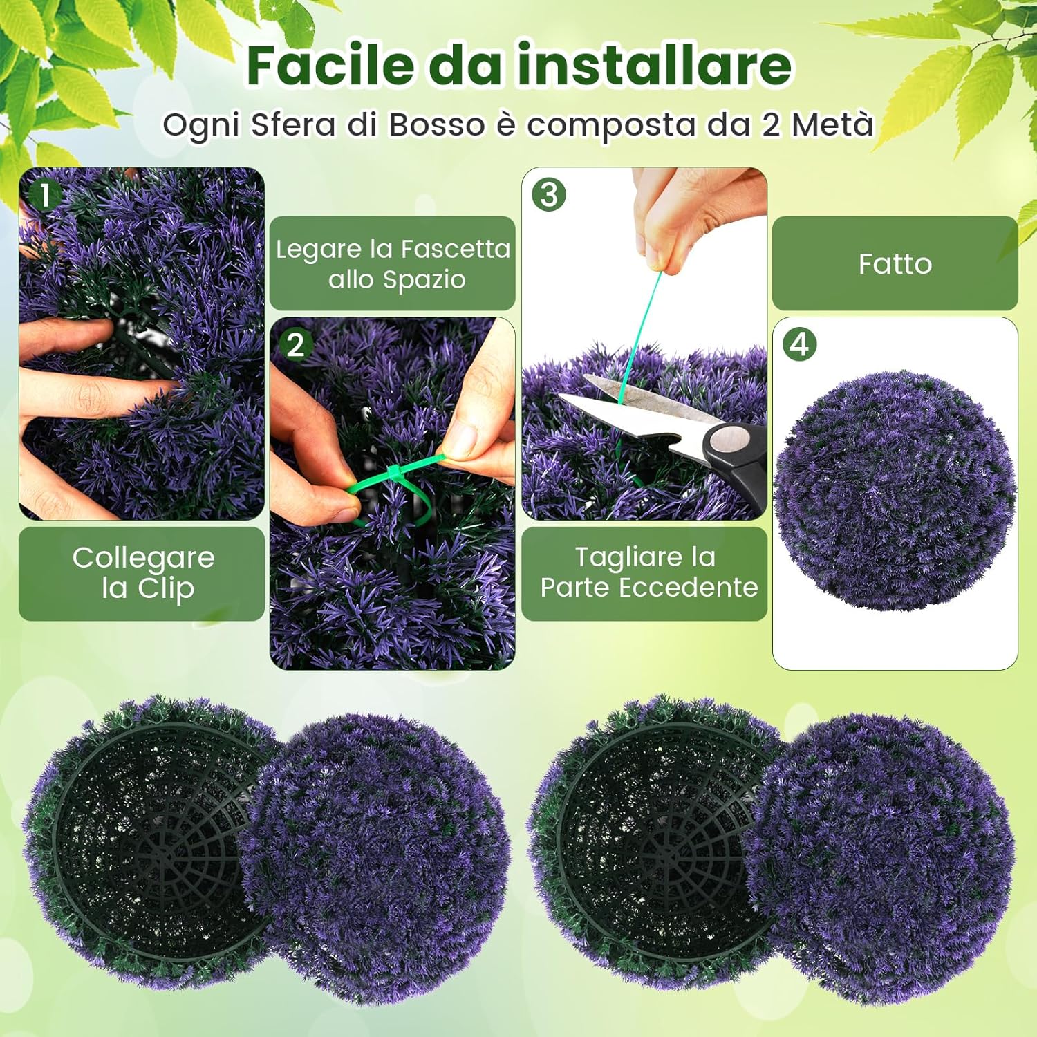 Set di 2 Piante Artificiali a Sfera di Bosso 38 CM, Palline Decorative Viola, Sfera Topiarie per Giardino, Portico, Balcone e Matrimonio