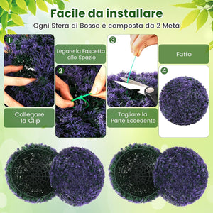 Set di 2 Piante Artificiali a Sfera di Bosso 38 CM, Palline Decorative Viola, Sfera Topiarie per Giardino, Portico, Balcone e Matrimonio