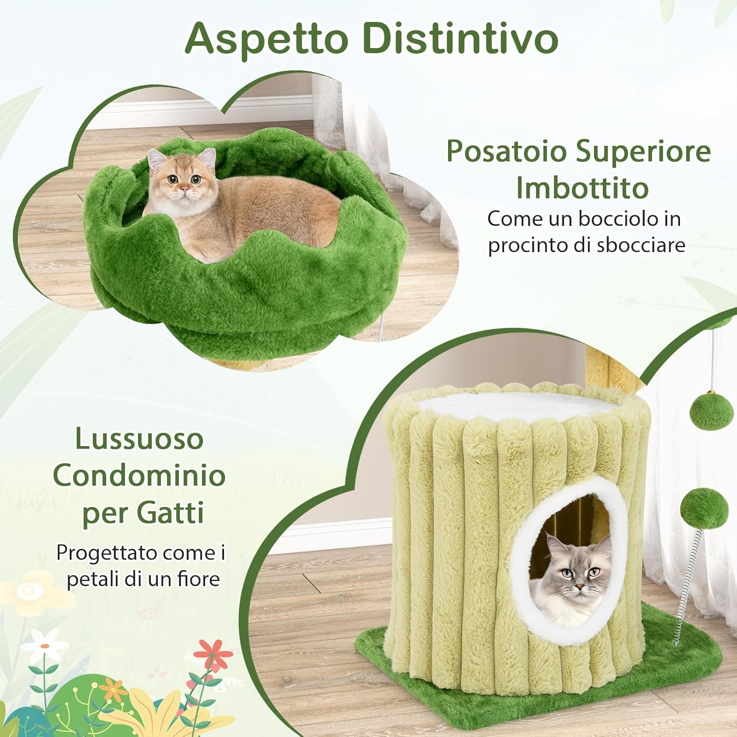 Tiragraffi per Gatti 50 x 41 x 54 cm, Torre Moderno con Pali in Sisal, Piattaforma Imbottita e Pallina Penzolante, Cuccia per Animali Domestici, Verde e Naturale