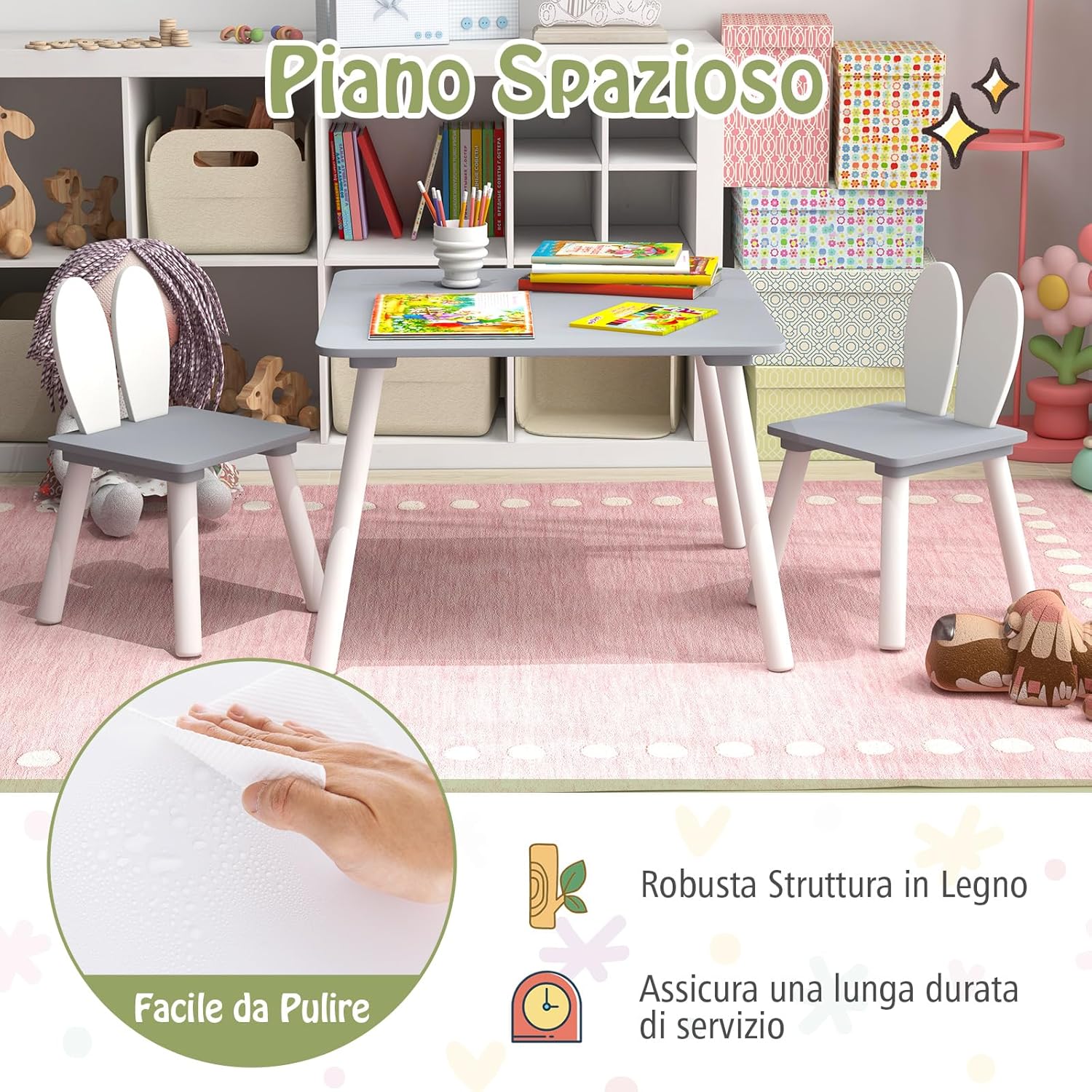Tavolo Bambini con Sedie, Set Tavolo e Sedie in Legno per Bambini 3-6 anni con Schienale a Forma di Coniglio, Tavolino con Sedie per Giocare, Disegnare e Leggere, Capacità di 40 kg (Grigio)