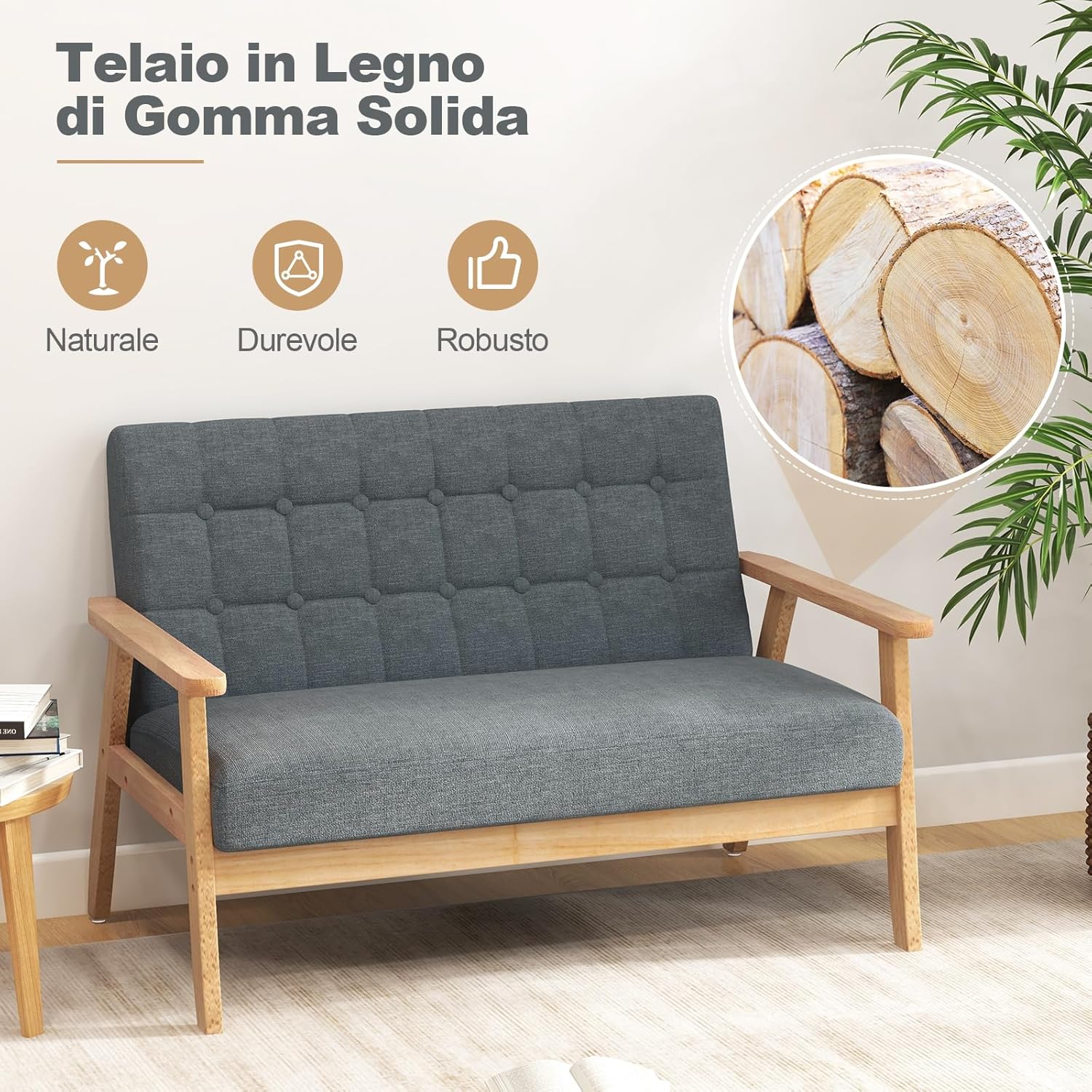 Divano a 2 Posti in Lino, Panchina Imbottita con Cuscini e Struttura in Legno di Gomma, Divano per Soggiorno, Camera da Letto, Studio