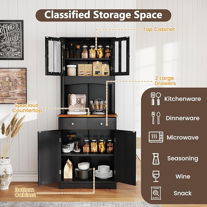 Mobile Dispensa da Cucina, Armadio di Stoccaggio Autonomo con Credenza e 2 Cassetti, Ripiani Regolabili, Ampio Spazio per Forno a Microonde, 2 Colori, 68,5 cm x 40,5 cm x 170 cm (Nero)