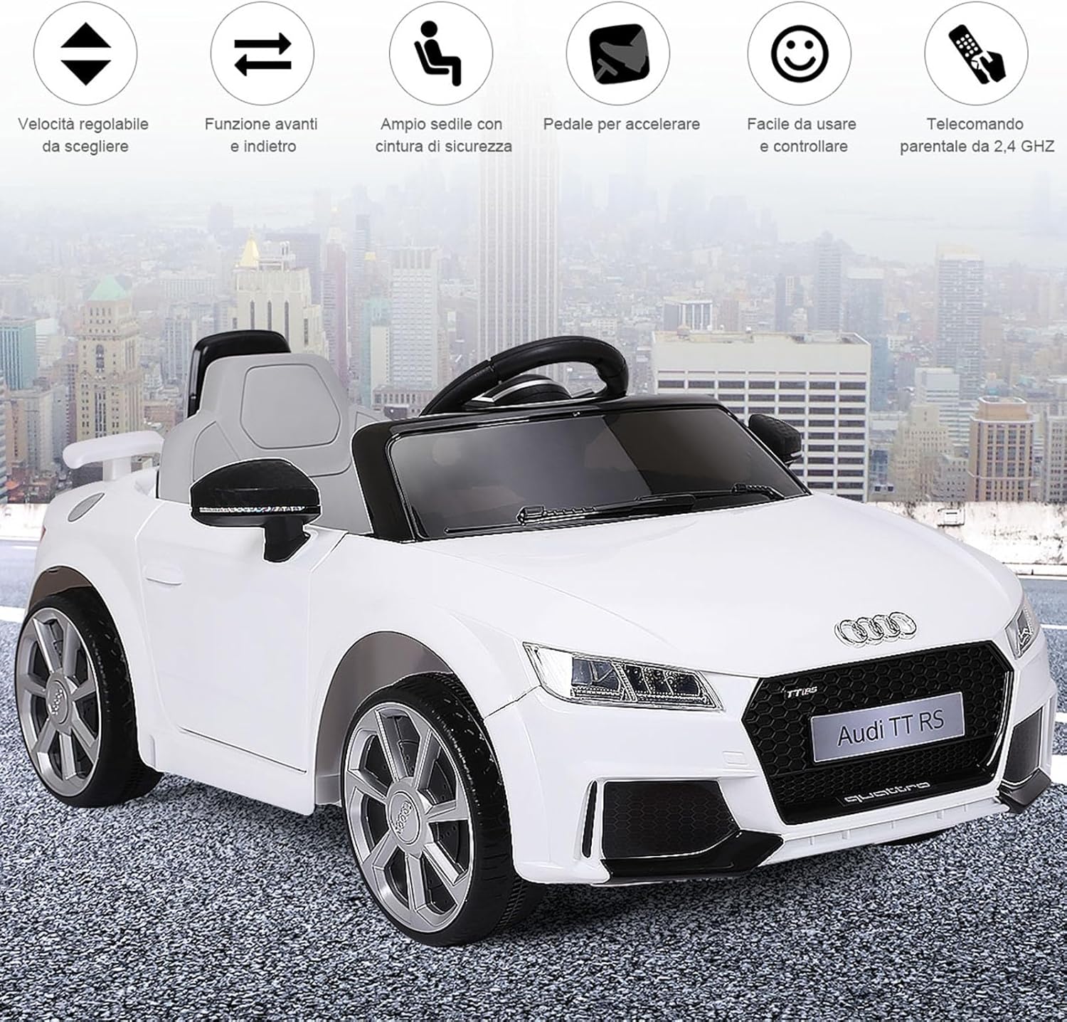 Audi 12V Auto Elettrica per Bambini, Macchina Elettrica con Velocità 2,5-5 km/ora, con Telecomando USB MP3 Luci LED (Bianco)