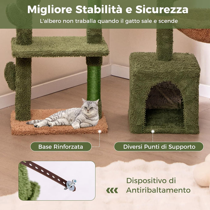 Tiragraffi per Gatti Moderno, Torre per Gatti Estetica a Forma di Cactus con Ripiano, Condo, Amaca, Posti per Graffi in Sisal e Cuscino Lavabile, Albero per Gatti Adulti e Cuccioli