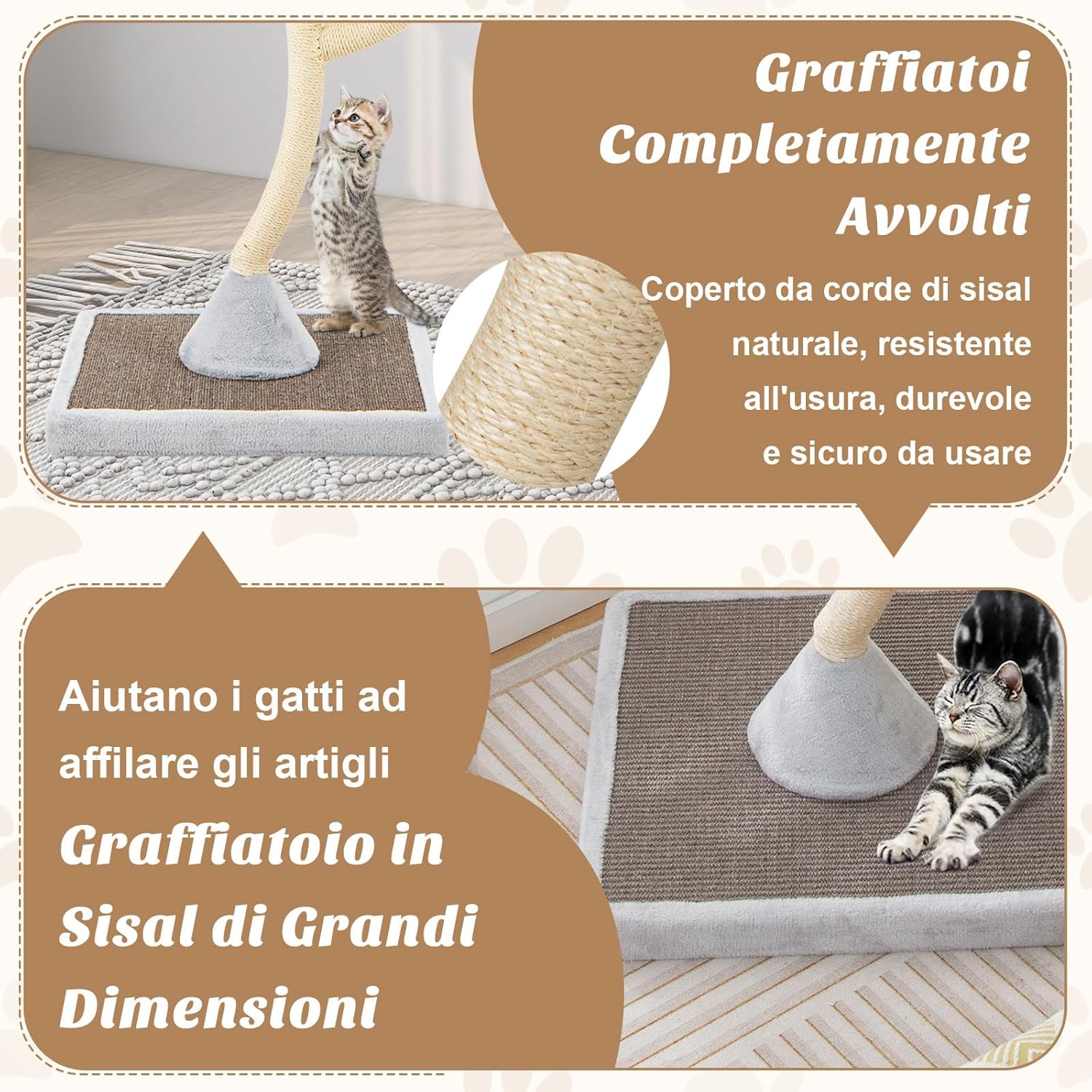 Albero per Gatti Alto 178 cm, Albero Tiragraffi per Gatti con Telaio di Supporto Curvo in Metallo, 3 Cucce Calde e Palline, Pali e Tavoletta Tiragraffi in Sisal, 59 x 59 x 178 cm (Grigio)