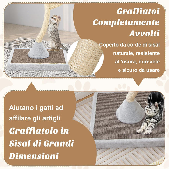 Albero per Gatti Alto 178 cm, Albero Tiragraffi per Gatti con Telaio di Supporto Curvo in Metallo, 3 Cucce Calde e Palline, Pali e Tavoletta Tiragraffi in Sisal, 59 x 59 x 178 cm (Grigio)