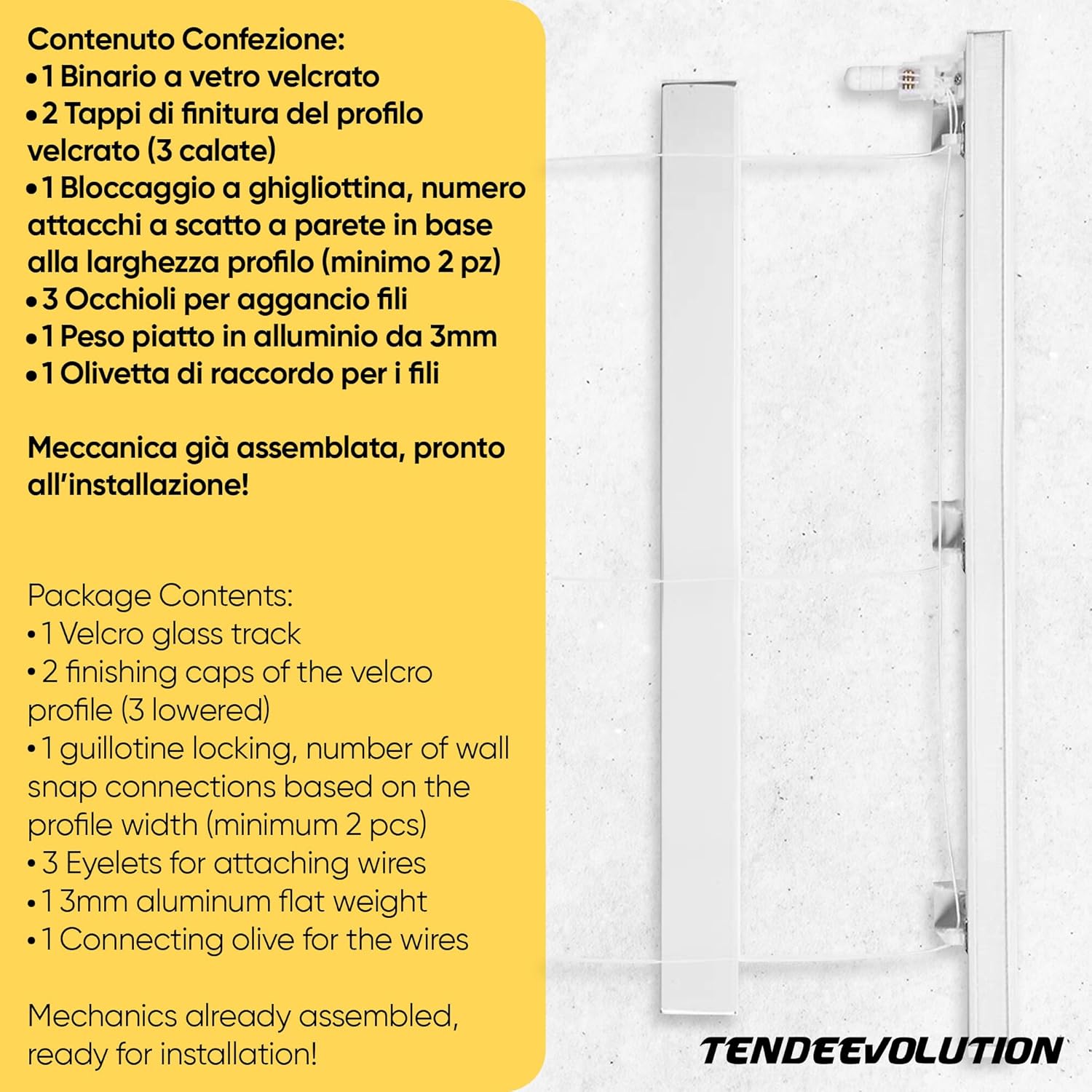 Bastone Binario per Tenda A Pacchetto A Vetro Professionale a 3 Calate in Alluminio Bianco Lunghezza 130 CM Comando a sinistra, attacco serramento