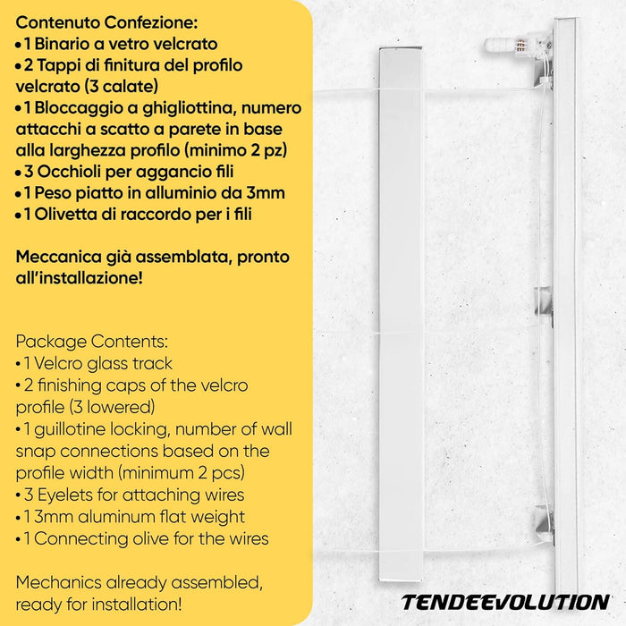 Bastone Binario per Tenda A Pacchetto A Vetro Professionale a 3 Calate in Alluminio Bianco Lunghezza 130 CM Comando a sinistra, attacco serramento