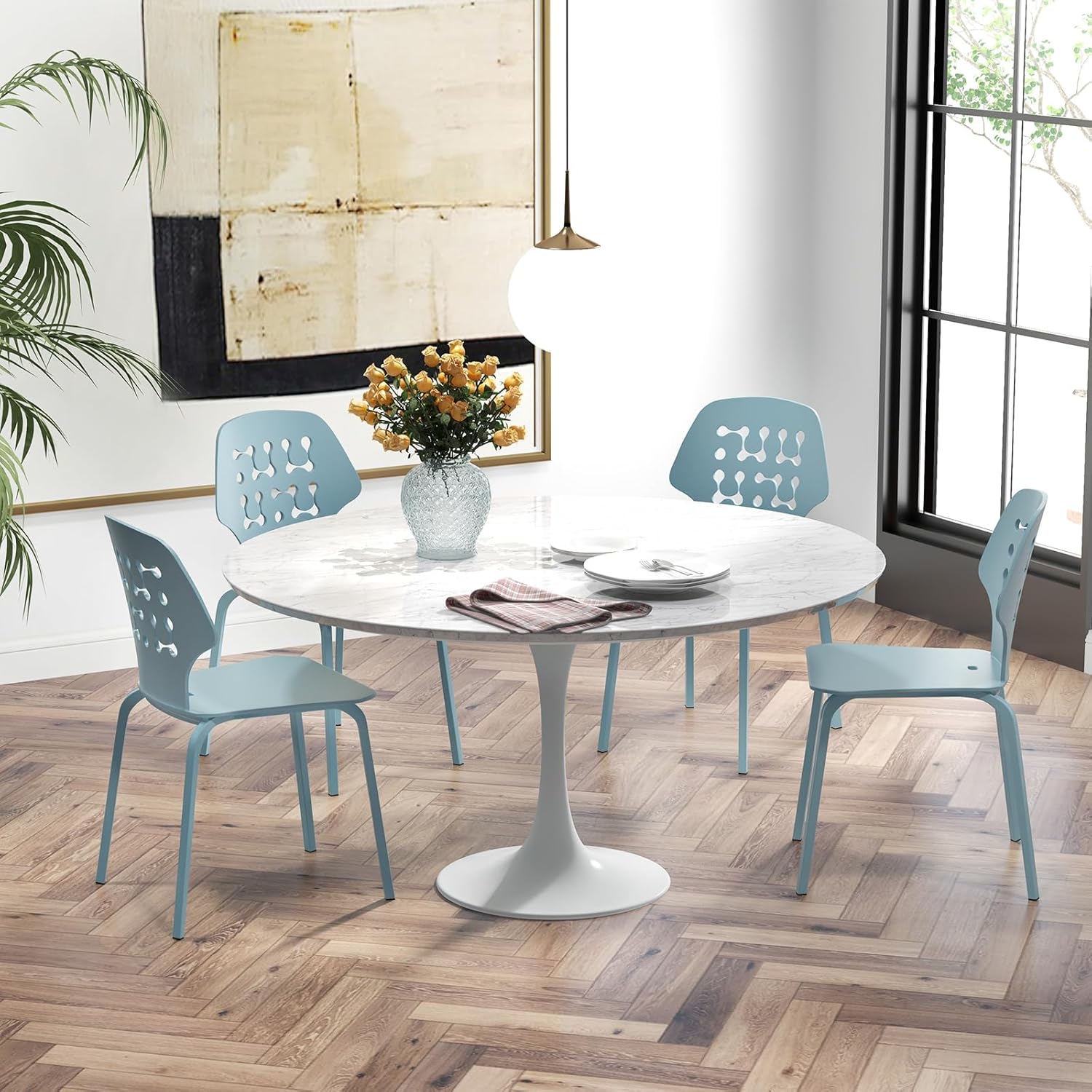 COSTWAY Set di 4 Sedie da Pranzo in Metallo, Sedie da Cucina Moderne con Schienale Traforato e Gambe in Metallo, Sedie senza Braccioli per Sala da Pranzo, Soggiorno, Portata 150 kg (Blu)