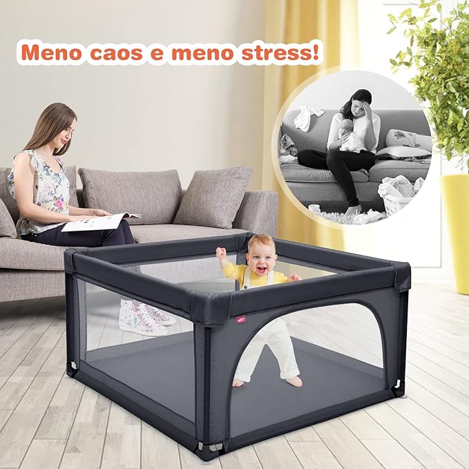 Box per Bambini, Centro Attivit¨¤ Portatile con Cancelli di Sicurezza, Recinto Resistente con Ventose Antiscivolo e Pareti a Rete Traspirante, Cancello per Giocare con 50 Palline (Grigio Scuro)