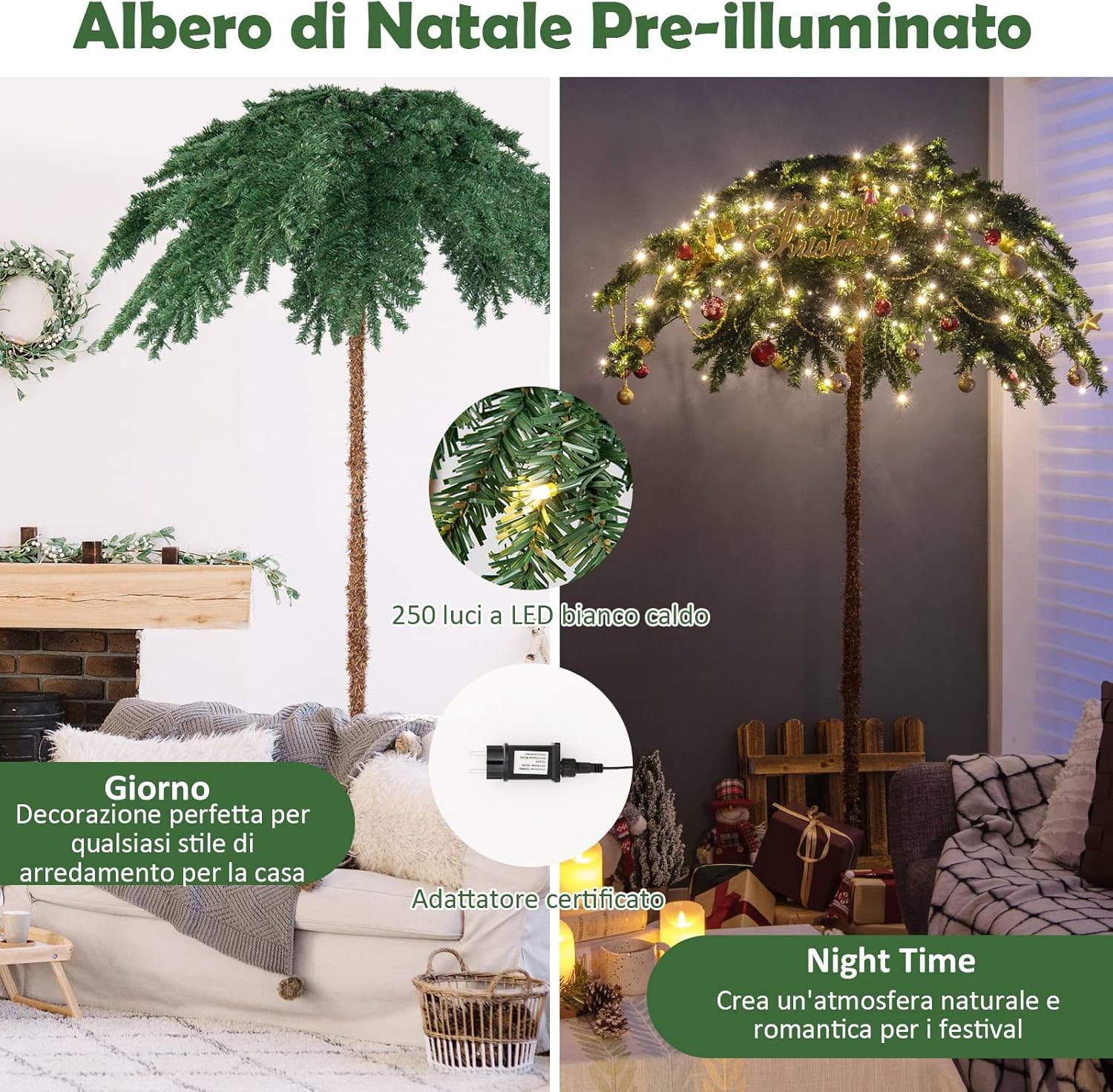 Albero di Natale da 180 cm, Albero di Natale con Luci e a Forma di Palma, con 250 Luci LED Bianco Caldo, 813 Rami, Struttura a Cerniera e Supporto, Ideale per Casa e Negozio