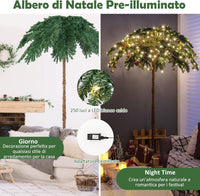 Albero di Natale da 180 cm, Albero di Natale con Luci e a Forma di Palma, con 250 Luci LED Bianco Caldo, 813 Rami, Struttura a Cerniera e Supporto, Ideale per Casa e Negozio