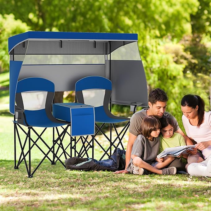 Sedia Spiaggia a Doppio, Sedia da Campeggio con Tettoia Regolabile, Poltrona Loveseat per 2 Persone, con Borsa da Trasporto, Borsa Termica, per Giardino Picnic, Portata 300 kg (Blu)
