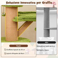 Tiragraffi a Forma di Albero per Gatti 175cm, Albero per Animali Domestici con 2 Casette, Trespolo Peluche, Palline Teaser, Pali in Sisal e Cuscini Rimovibili, Torre Moderno Interno