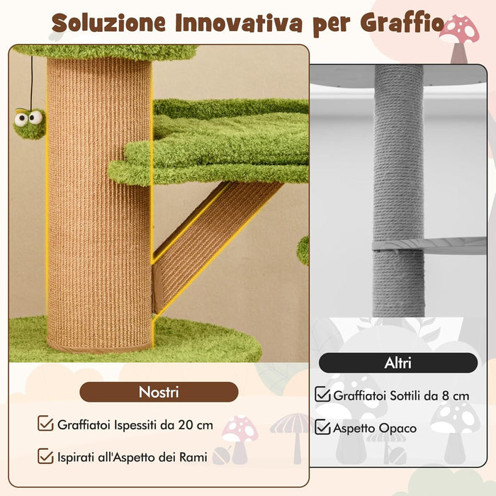 Tiragraffi a Forma di Albero per Gatti 175cm, Albero per Animali Domestici con 2 Casette, Trespolo Peluche, Palline Teaser, Pali in Sisal e Cuscini Rimovibili, Torre Moderno Interno