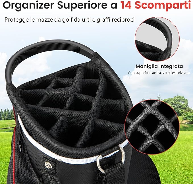 Borsa da Golf con Divisori Superiori a 14 Vie, 9 Tasche, Tasca Termica, Tasca per Scarpe, Porta Ombrello, Doppia Tracolla e Cappuccio Antipioggia, Sacca da Golf per Uomo e Donna