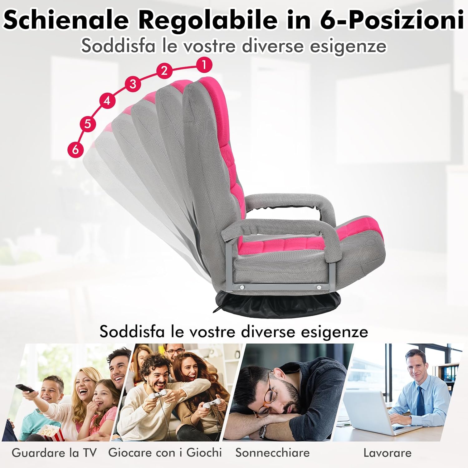 Sedia da Pavimento Pieghevole, Poltrona Sedia da Yoga per Meditazione, Portatile Inclinabile Girevole, da Salotto Camera da Letto (Rosa e grigio)