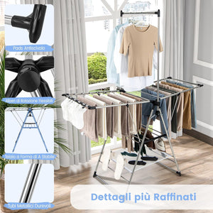 Stendino a Torre in Alluminio, Stendibiancheria Pieghevole con Altezza Regolabile a 6 Livelli, Appendiabiti Salvaspazio per Abiti Scarpe e Calze, 157,5x61x192 cm