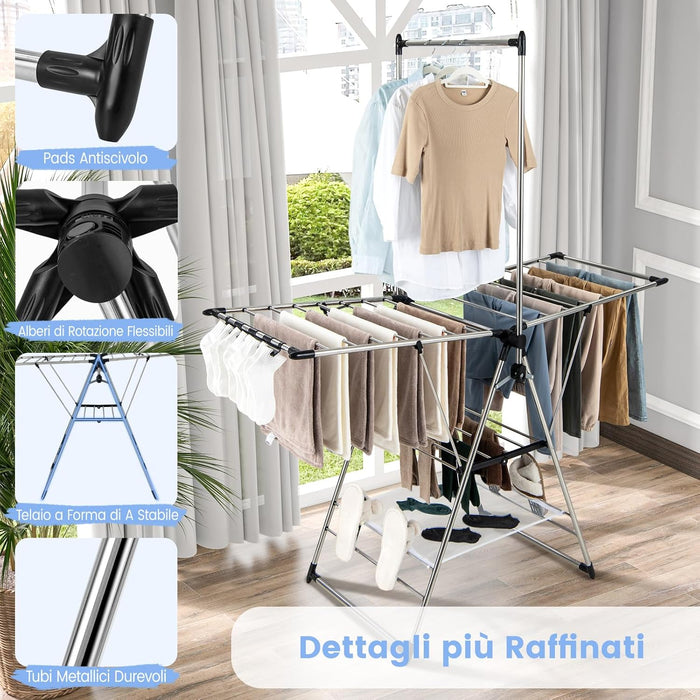 Stendino a Torre in Alluminio, Stendibiancheria Pieghevole con Altezza Regolabile a 6 Livelli, Appendiabiti Salvaspazio per Abiti Scarpe e Calze, 157,5x61x192 cm