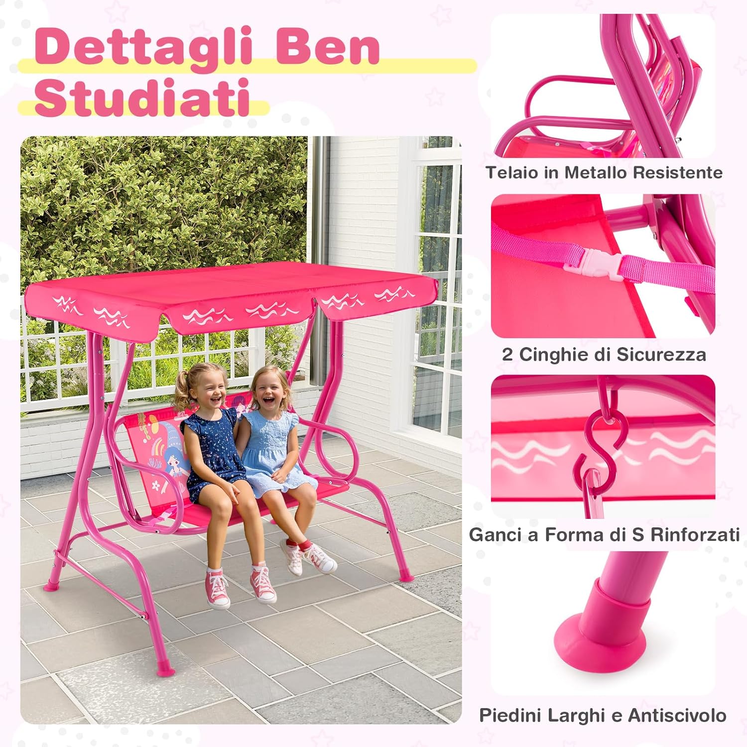 Altalena da Esterno per Bambini, Panchina a Dondolo a 2 Posti con Struttura in Metallo, Tetto Regolabile e Cinture di Sicurezza, per Bambini 3+Anni, Portata 80 kg (Rosa)