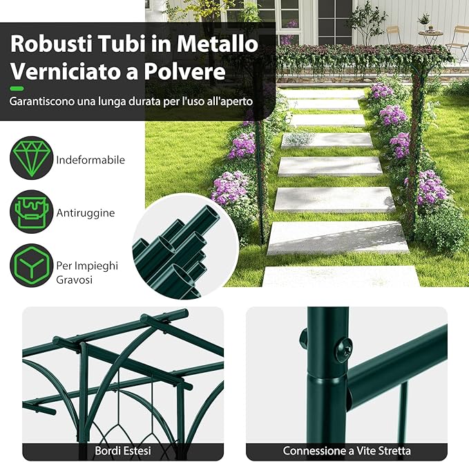 Arco da Giardino 205 CM, Pergolato per Piante Rampicanti, Pergola Decorativo di Metallo per Cerimonie, Feste, Cortile e Prato (Verde)