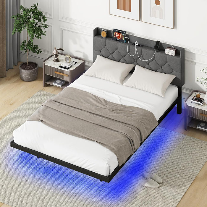 Struttura Letto Matrimoniale con Luci LED, Letto a Piattaforma con Testiera Imbottita Regolabile e Stazione di Ricarica, Letto Moderno in Metallo, Silenzioso, Carico 300kg (200 x 140cm)