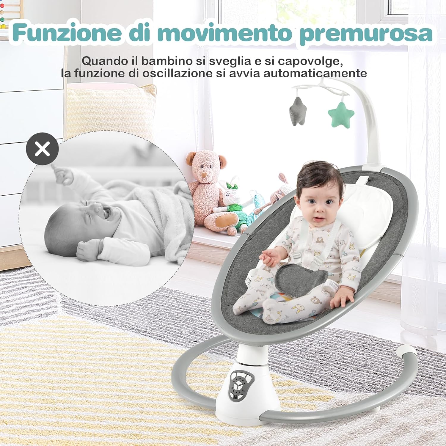 Sdraietta Elettrica Neonati con 12 Melodie e Cuscino Riduttore, 5 Livelli di Dondolante (Velocità e Dondolante), Caricabatterie USB, Telecomando, Cinture di Sicurezza (GRIGIO)