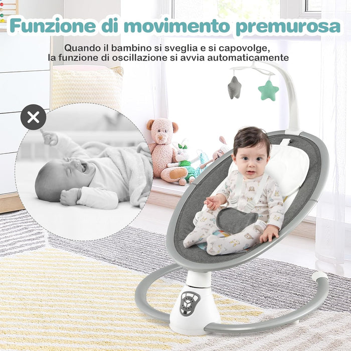 Sdraietta Elettrica Neonati con 12 Melodie e Cuscino Riduttore, 5 Livelli di Dondolante (Velocità e Dondolante), Caricabatterie USB, Telecomando, Cinture di Sicurezza (GRIGIO)
