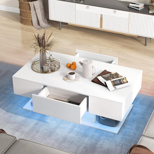 Tavolino da Caffè Moderno, Tavolino a 2 Piani con 20 Luci LED a Colori, 2 Cassetti Portaoggetti e Finitura Lucida, Tavolino Rettangolare per Salotto, Studio e Camera da Letto (Bianco)