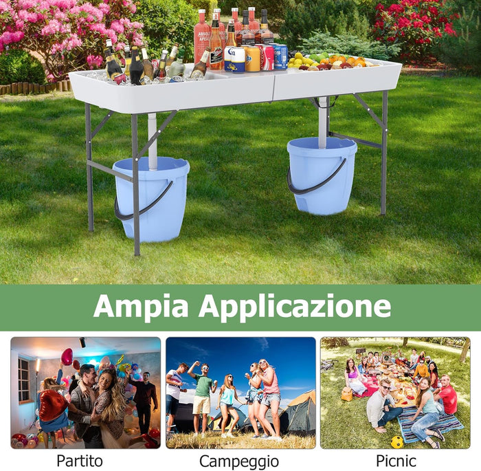 Tavolo Pieghevole Giardino 150 cm, Tavolo da Esterno con Doppi Lavelli, Tubi di Scarico, con Raffreddatore per Ghiaccio, Contenitore per Bevande, per Giardino Campeggio