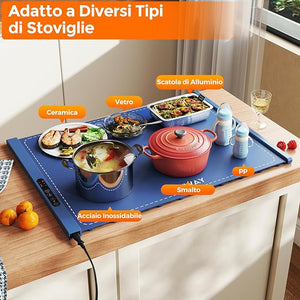 Vassoio Riscaldante Elettrico, Tappetino Riscaldante in Silicone Portatile, con Temperatura Regolabile Timer e Blocco per Bambini, per Buffet, Feste e Cucina (60 x 44 cm,Blu)