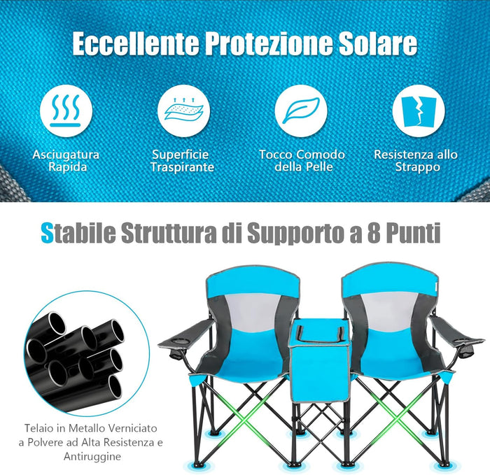Sedie da Campeggio Pieghevoli, Panchina da Picnic a 2 Posti Regolabile con Tettoia, Sedia Portatile e Pieghevole per Campeggio, Spiaggia, Giardino (Blu)