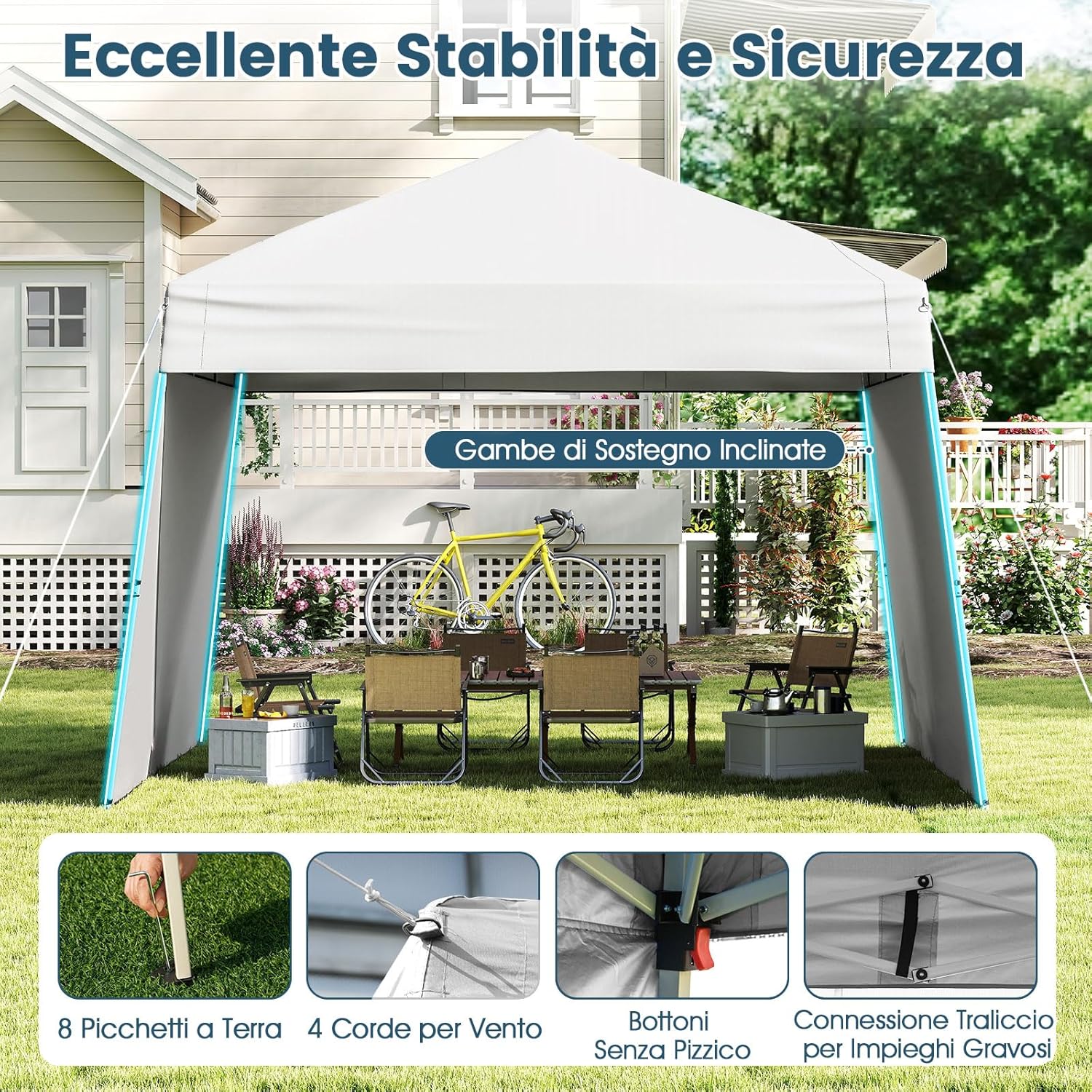 Gazebo Pieghevole 430 x 280 cm, Gazebo da Esterno con Pareti Laterali Convertibili in Tenda da Sole, 8 Picchetti, 4 Corde Antivento, Tendone Impermeabile per Feste (Bianco)