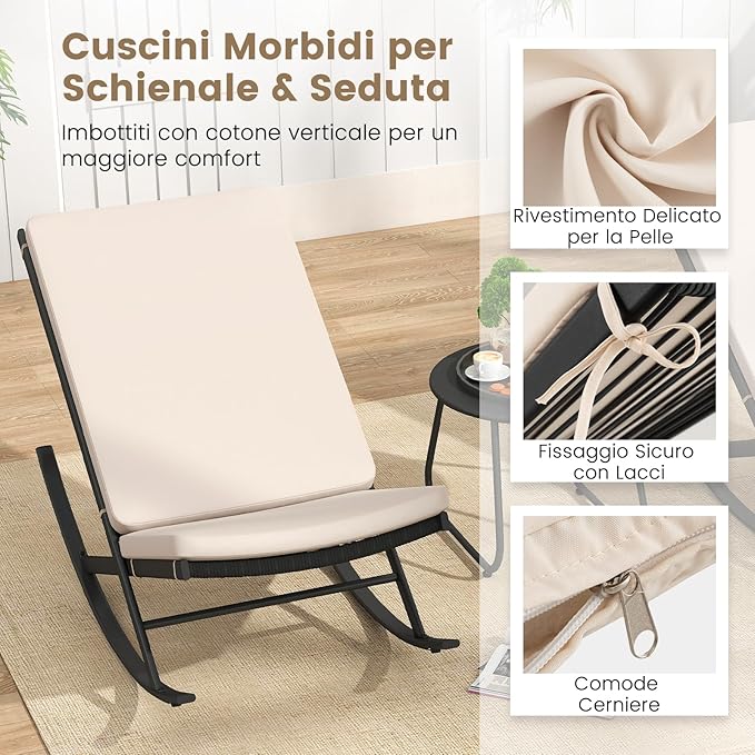 Set 3 Pezzi Sedie a Dondolo, Sedie in Rattan PE con Tavolino in Metallo e Cuscini Spessi, Set di Mobili da Giardino per Balcone e Bordo Piscina