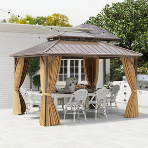 Gazebo da Giardino 3,5 x 3 m Hardtop Doppio Tetto, Gazebo in Metallo Zincato e Alluminio Effetto Legno con Zanzariera e 4 Teli Laterali, Gazebo Hardtop per Terrazza e Giardino, Marrone