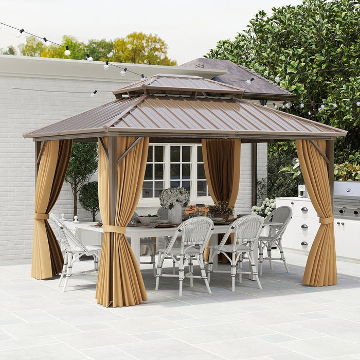 Gazebo da Giardino 3,5 x 3 m Hardtop Doppio Tetto, Gazebo in Metallo Zincato e Alluminio Effetto Legno con Zanzariera e 4 Teli Laterali, Gazebo Hardtop per Terrazza e Giardino, Marrone