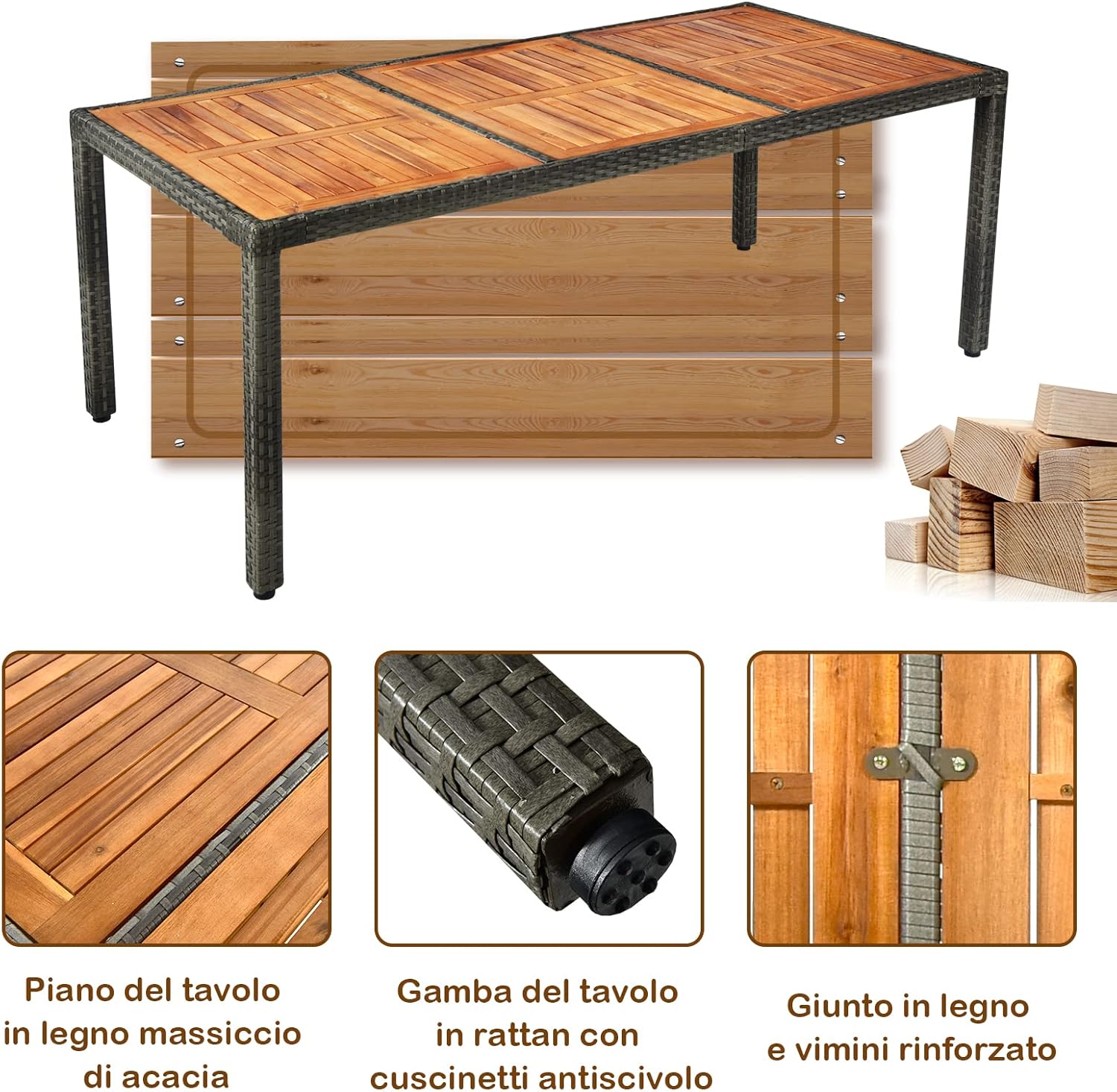 Set 9 Pezzi da Pranzo per giardino, Set di Mobili Esterno in Rattan PE, con 1 Tavolo Rettangolare e 8 Sedie con Cuscini, Ideale per Giardino Piscina e Cortile