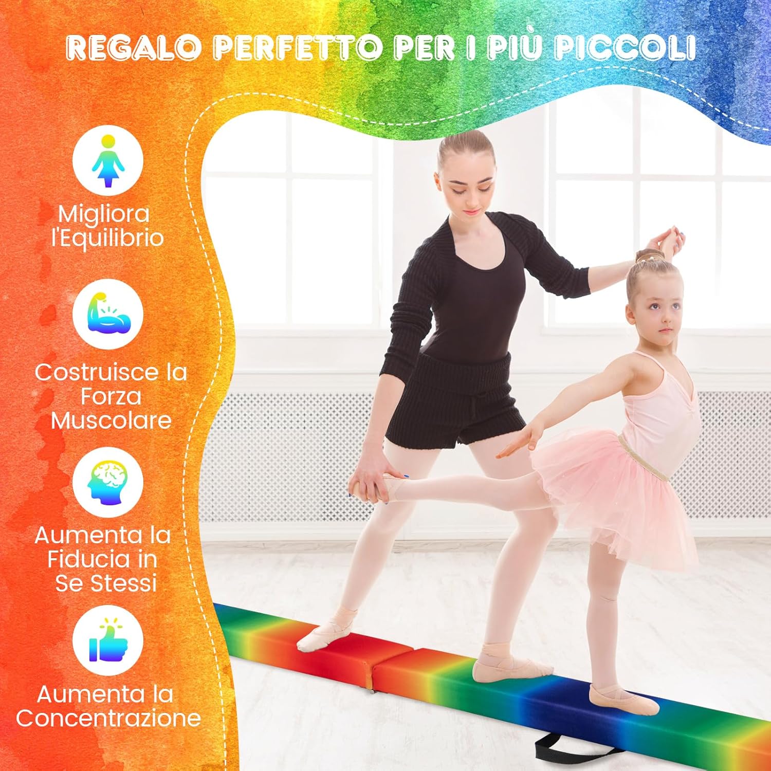 Trave Ginnastica Artistica per Casa 210/240 cm, Trave Pieghevole per Bambini con Maniglia, Base in Legno e Fondo Antiscivolo, Trave di Equilibrio da Pavimento