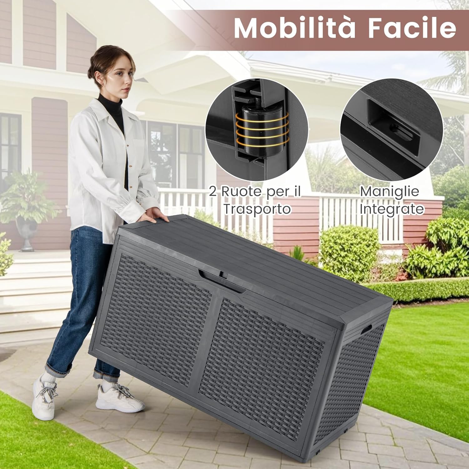 Baule da Esterno 380 L Impermeabile, Cassapanca Contenitore in Rattan con Coperchio Bloccabile e Ruote, Baule Salvaspazio per Mantenere Cuscini e Attrezzi da Interno e Esterno (Grigio)