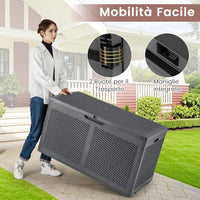 Baule da Esterno 380 L Impermeabile, Cassapanca Contenitore in Rattan con Coperchio Bloccabile e Ruote, Baule Salvaspazio per Mantenere Cuscini e Attrezzi da Interno e Esterno (Grigio)