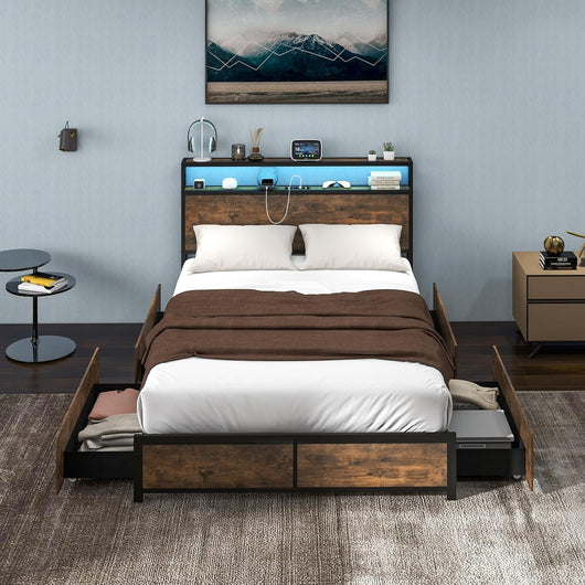 Letto con 4 Cassetti e Testiera, Struttura Letto 200x140 cm con Luci LED Regolabile e Presa Multipla, Carico Massimo 300kg, Silenzioso (200x140 cm)